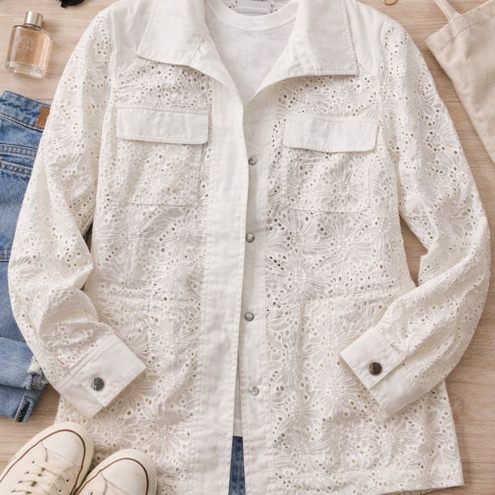 Chico’s White Eyelet Cotton Jacket Size 0 (Fits Small)
